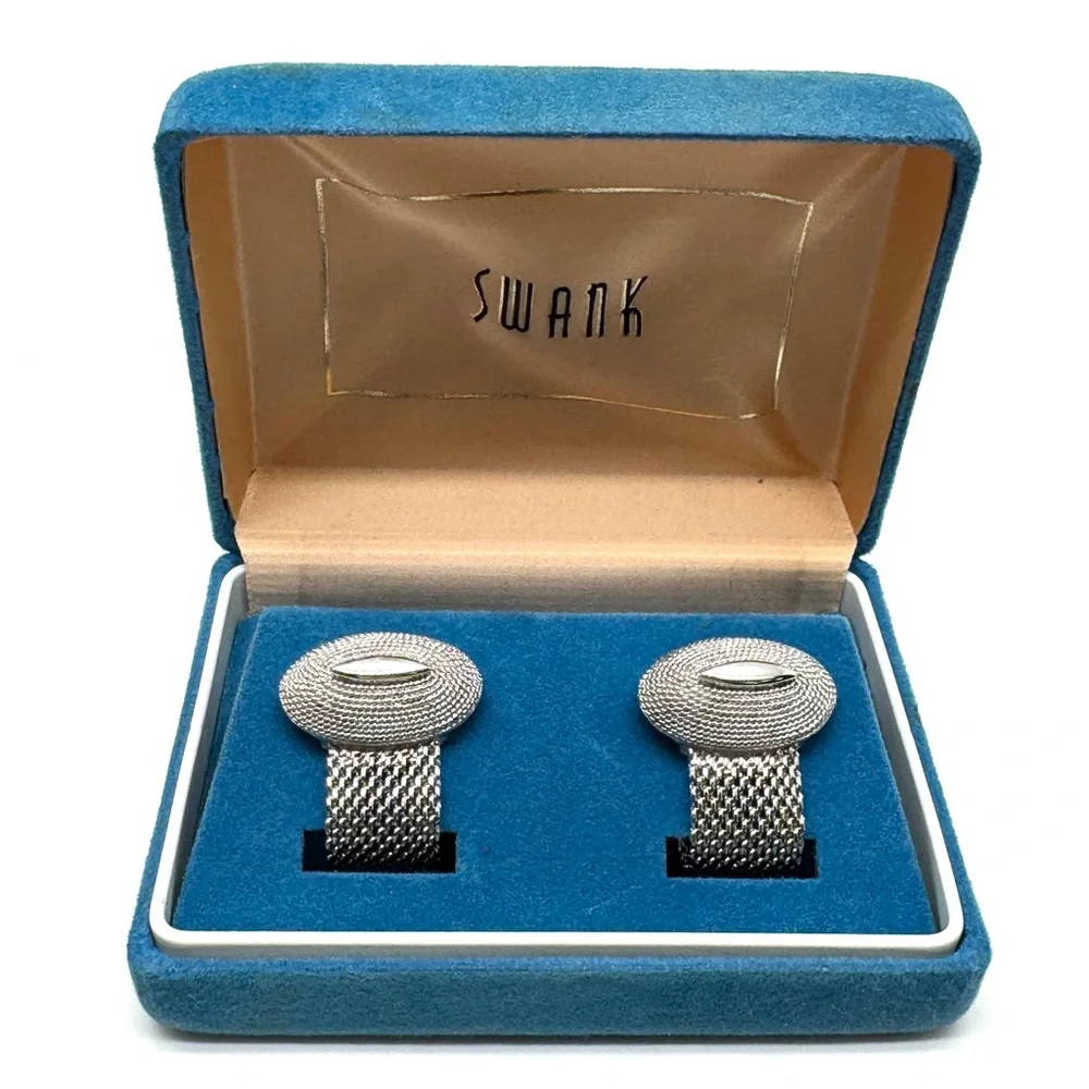 Vintage SWANK Silver Mesh Oval Foldover Cufflinks
